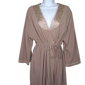 Vintage 70s Full Length Bath Robe M Brown Quilted Neckline Tie Waist USA Made
